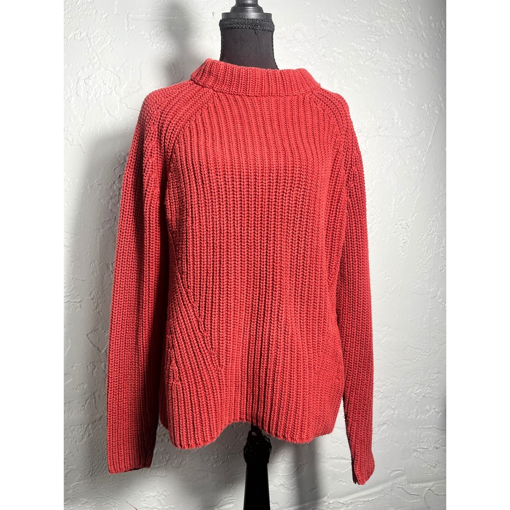 Goodthreads Women's Large Coral Red 100% Cotton Chunky Knit Mock Neck Sweater